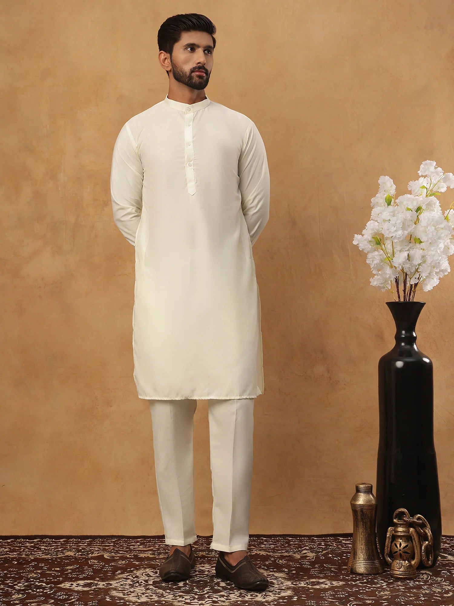 embroidered nehru jacket set with solid kurta pyjama