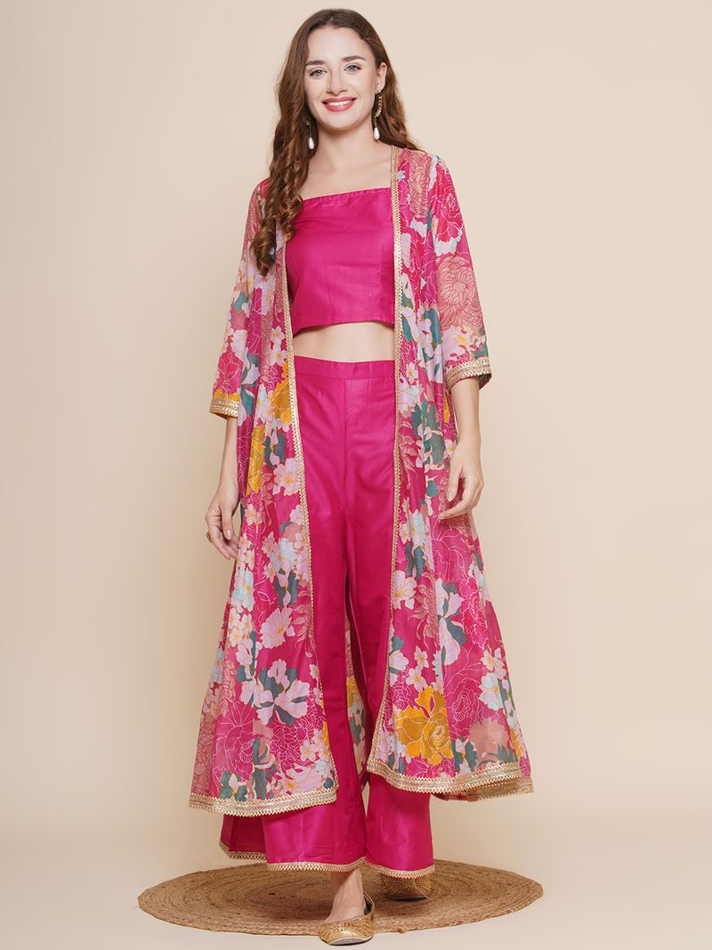 shoulder straps top palazzos with floral printed shrug