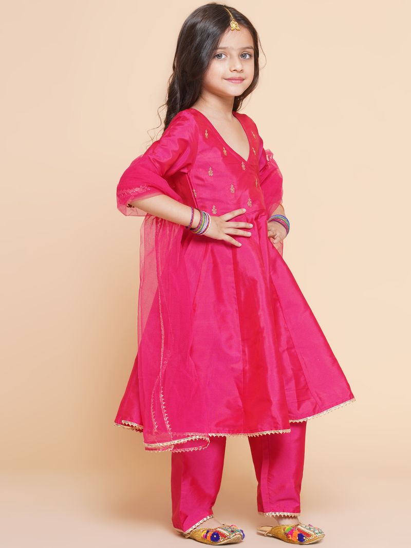 girls pink angrakha kurta with trousers with dupatta
