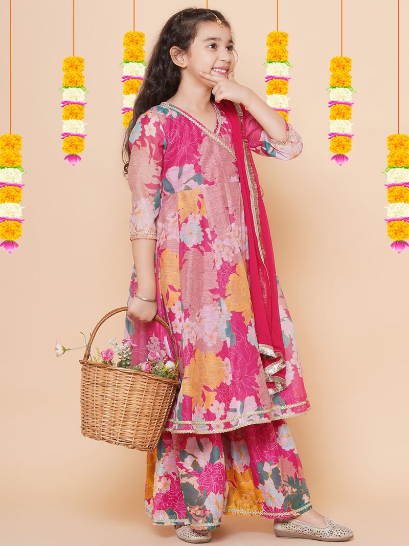 pink multi floral printed angrakha gotta patti kurta sharara set with dupatta copy