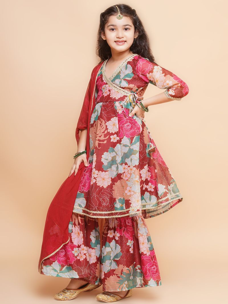 maroon multi floral printed angrakha gotta patti kurta sharara set with dupatta