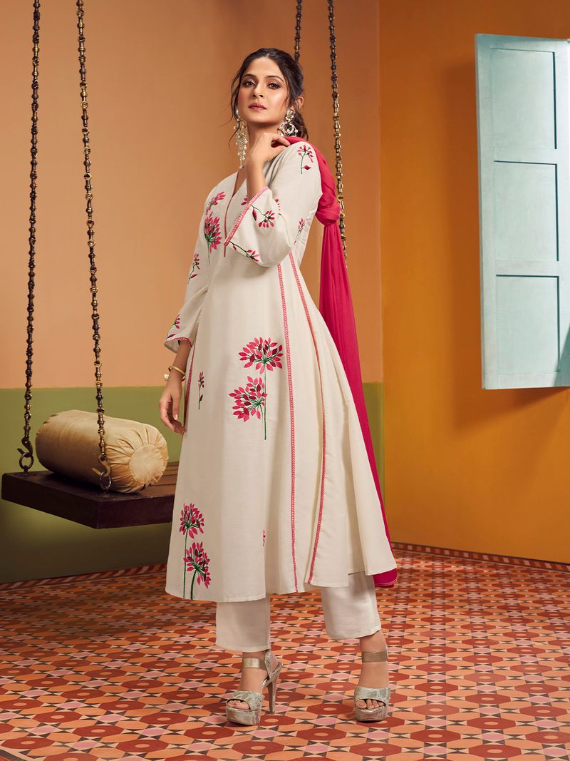off white colour embroidered anarkali flared kurta with palazzos dupatta