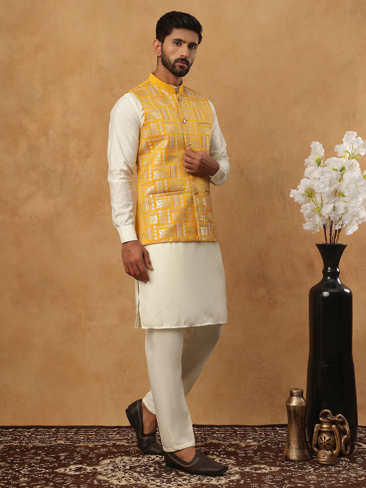 embroidered nehru jacket set with solid kurta pyjama