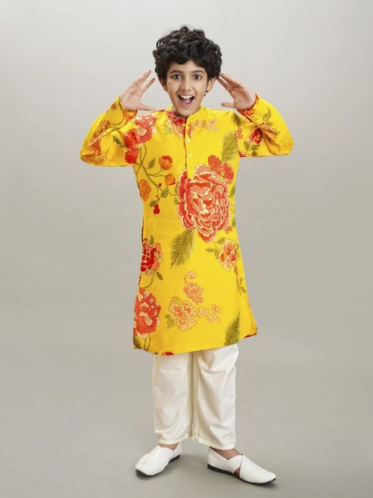 full sleeves floral print straight cut kurta with pyjama yellow floral