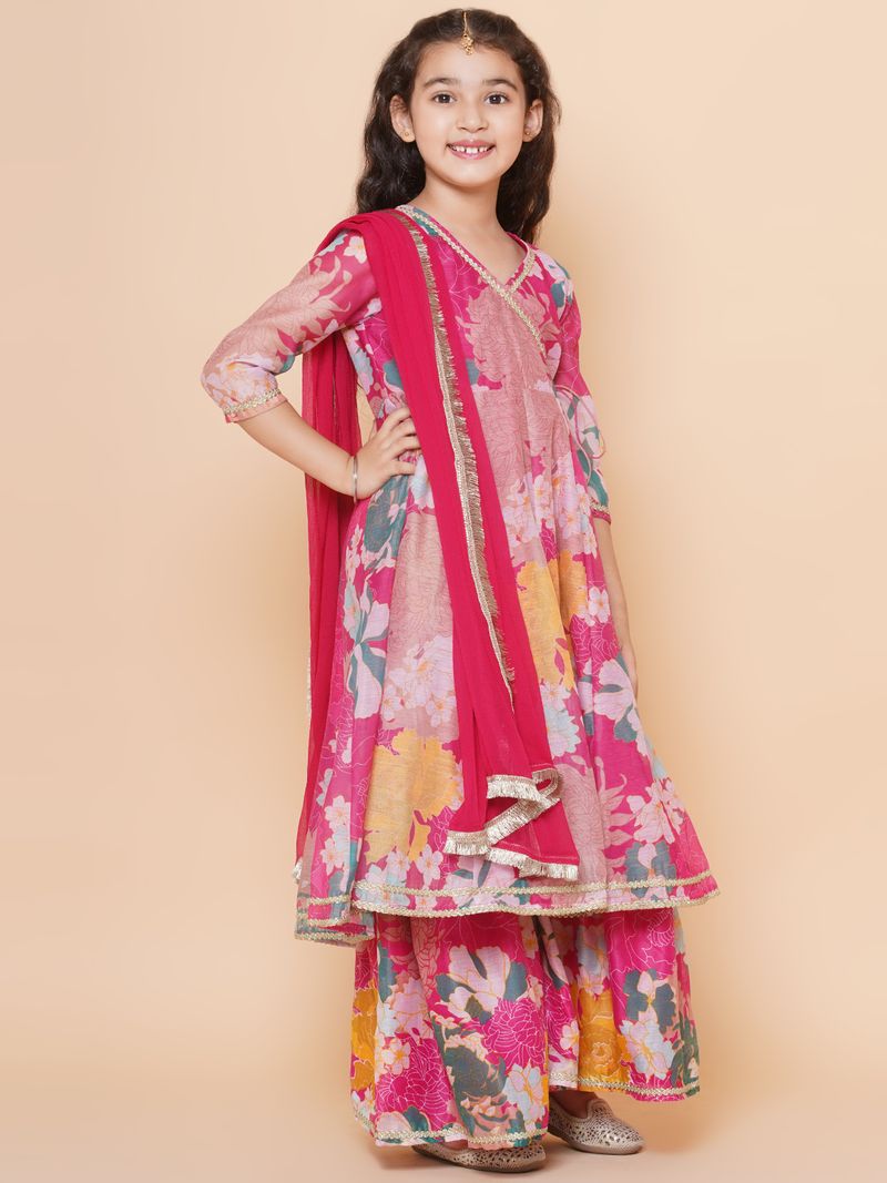 pink multi floral printed angrakha gotta patti kurta sharara set with dupatta copy