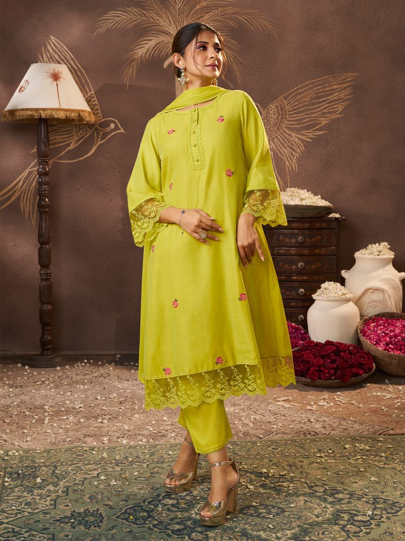 lime yellow embroidered kurta set