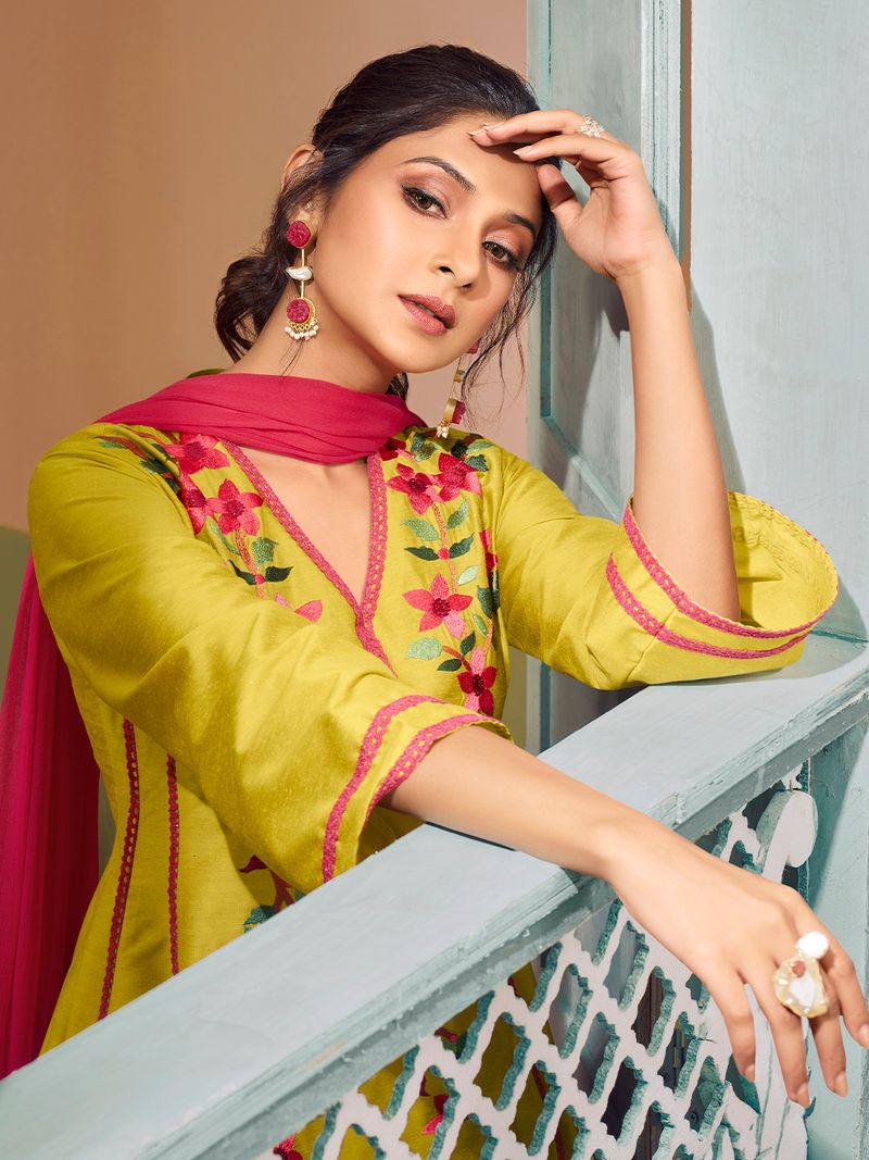 yellow embroiderd anarkali flared kurta with palazzos dupatta