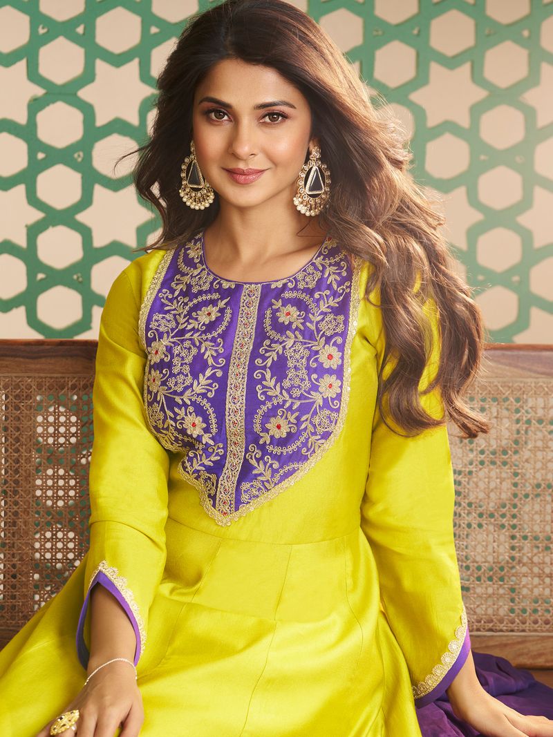 yellow purple embroidered anarkali kurta set