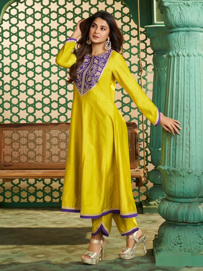 yellow purple embroidered anarkali kurta set