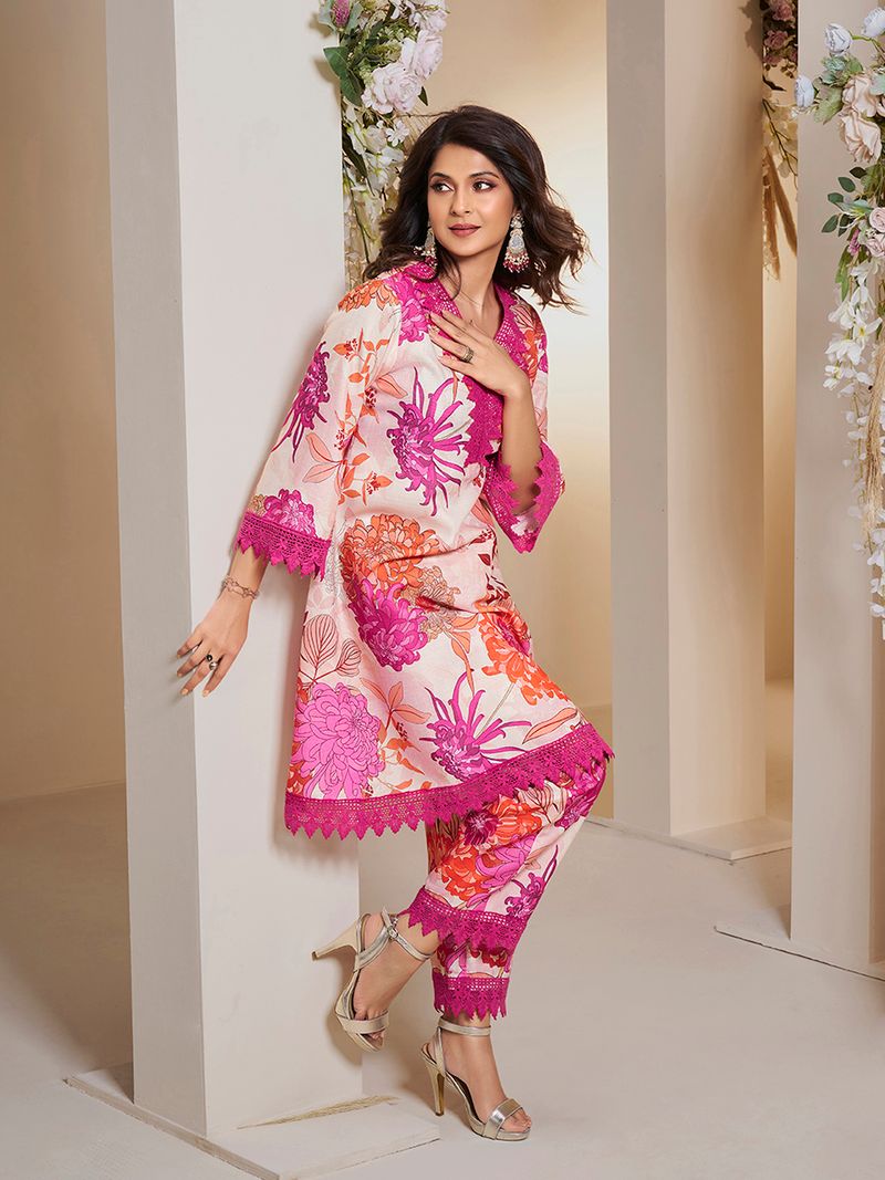 off white pink multi colour floral printed kurta set