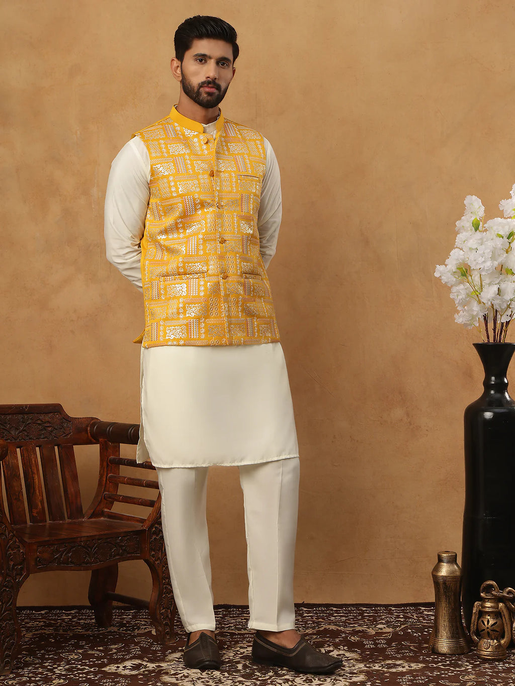 embroidered nehru jacket set with solid kurta pyjama