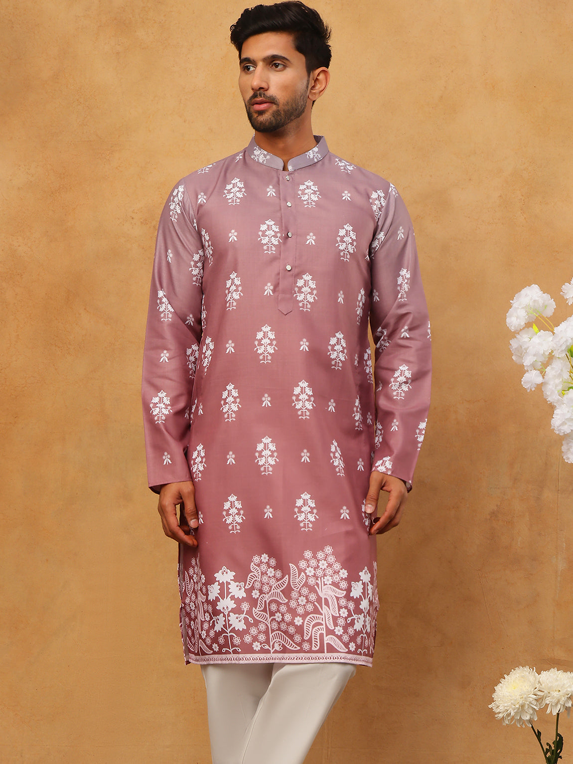 printed cotton blend kurta pyjama set