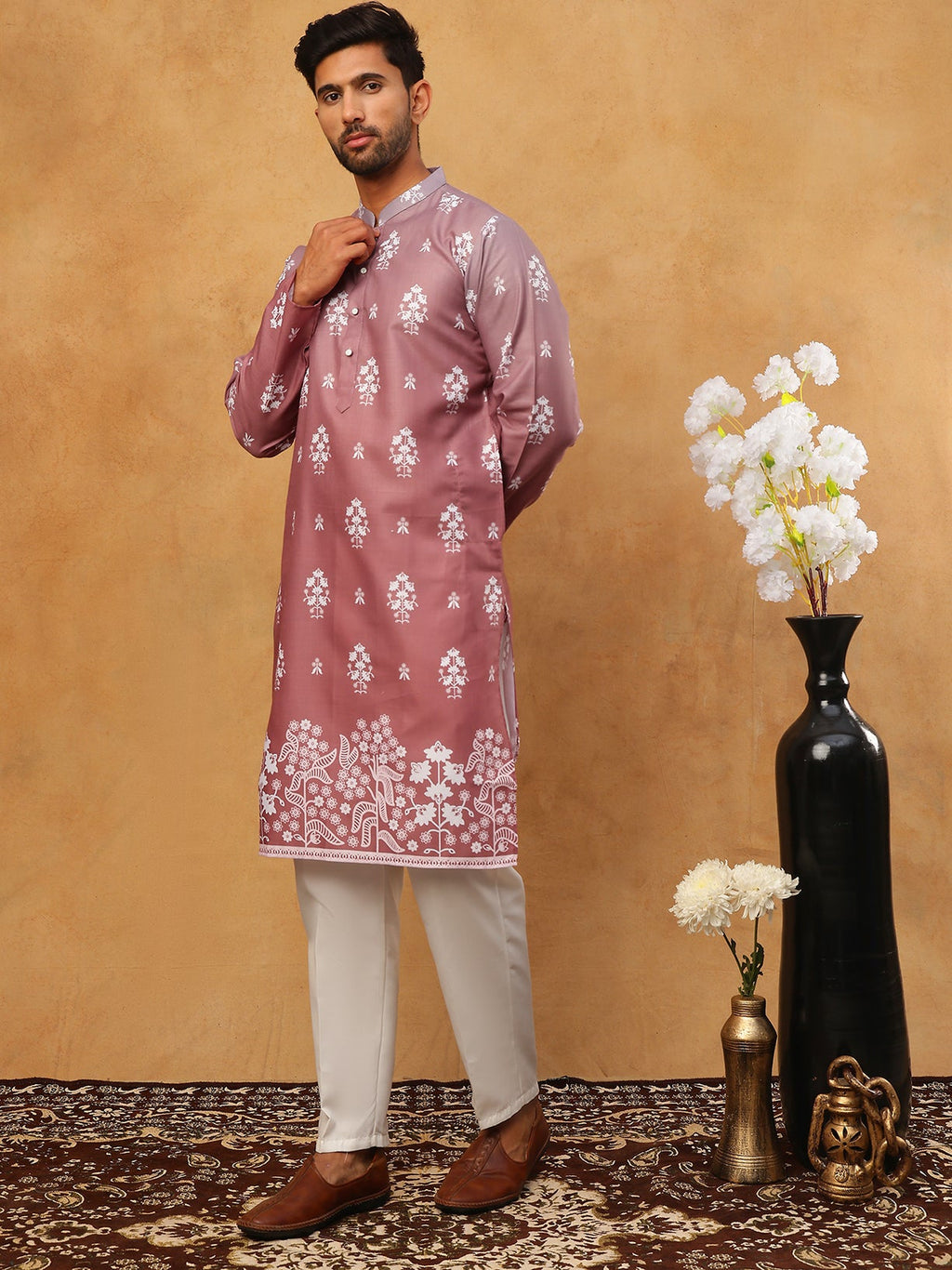printed cotton blend kurta pyjama set
