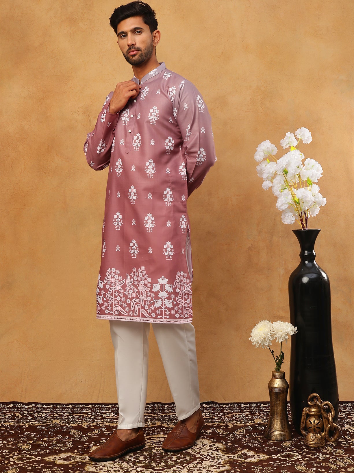 printed cotton blend kurta pyjama set