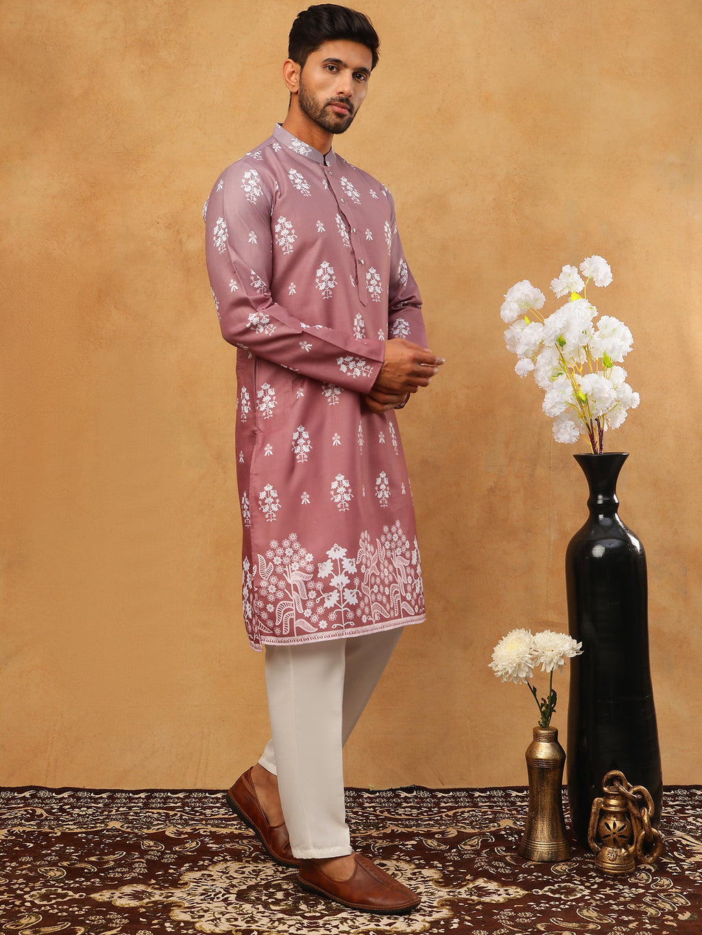 printed cotton blend kurta pyjama set