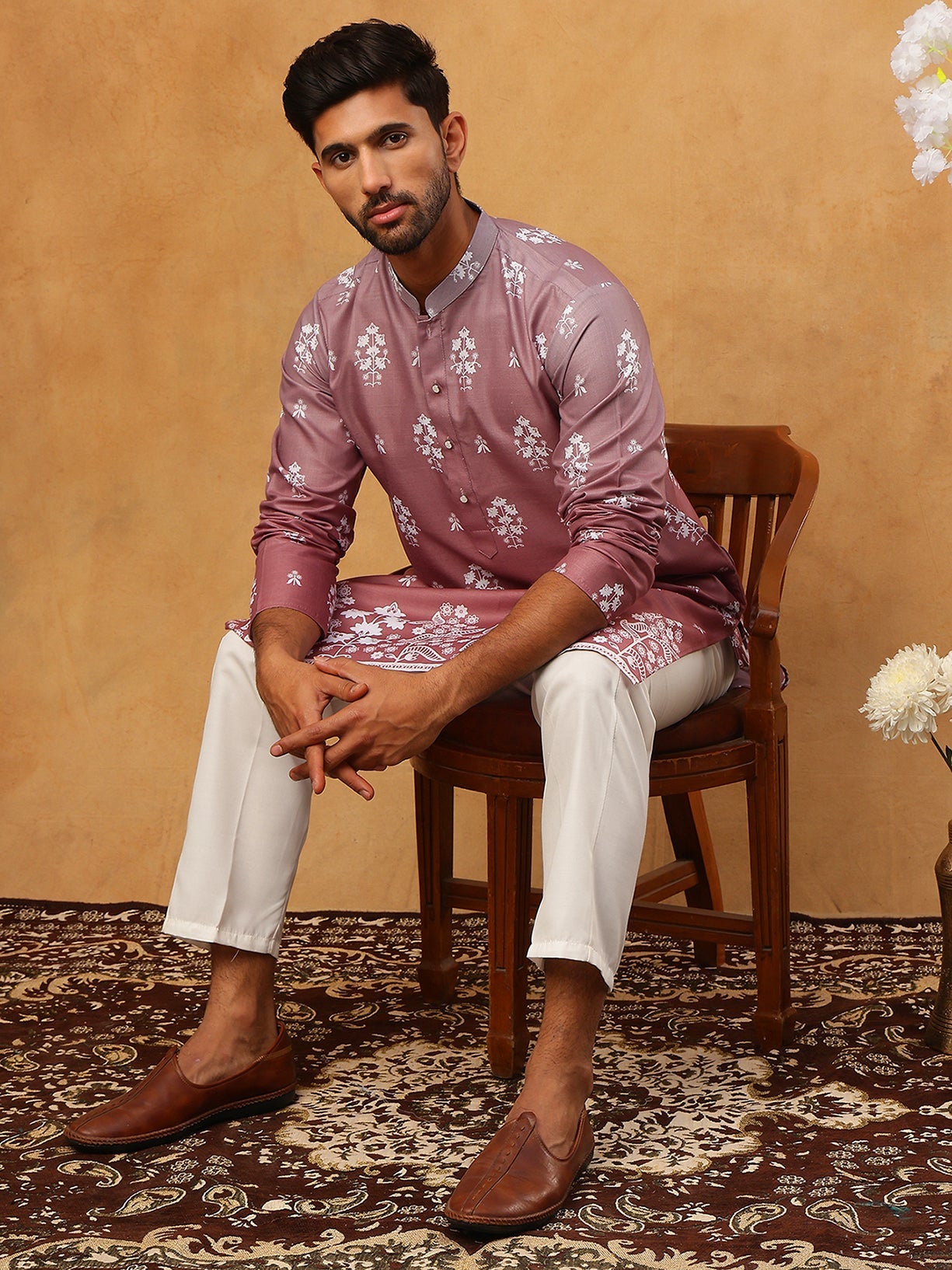 printed cotton blend kurta pyjama set