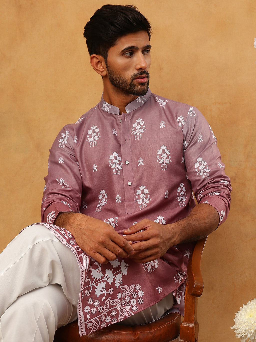 printed cotton blend kurta pyjama set