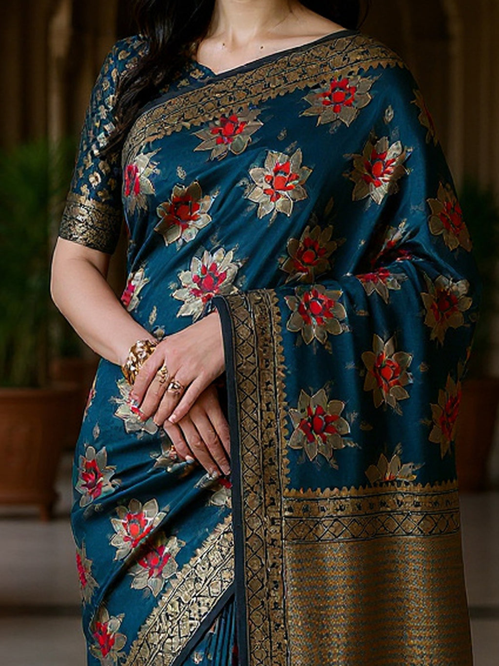 silk blend teal blue woven design designer saree with blouse piece 6pakhi8101