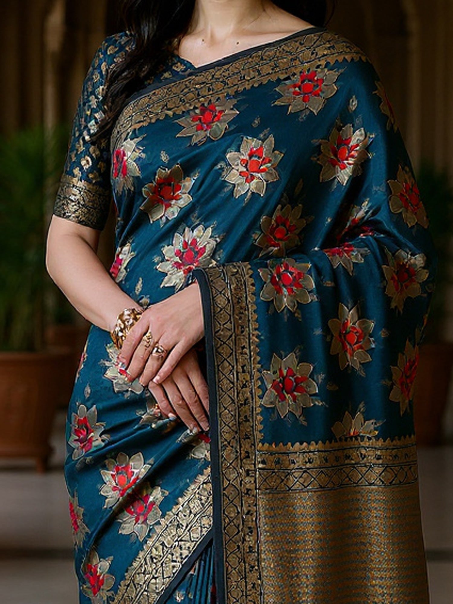 silk blend teal blue woven design designer saree with blouse piece 6pakhi8101