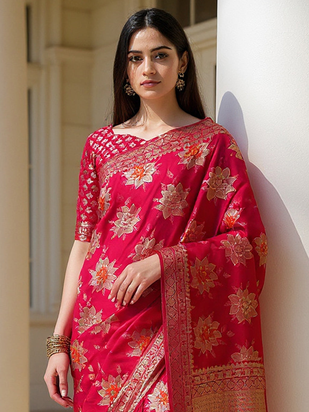 silk blend pink woven design designer saree with blouse piece 6pakhi8103