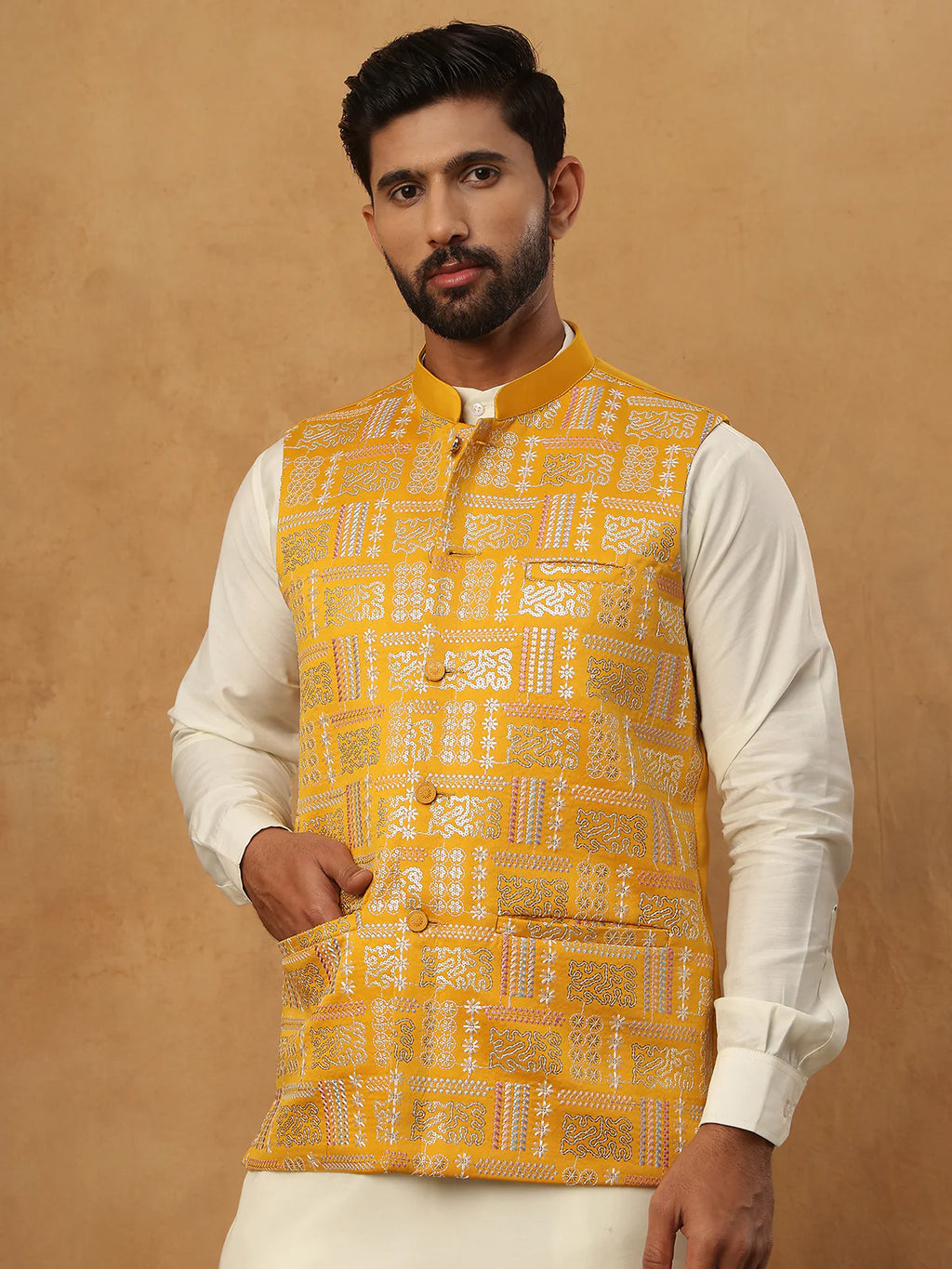 embroidered nehru jacket set with solid kurta pyjama