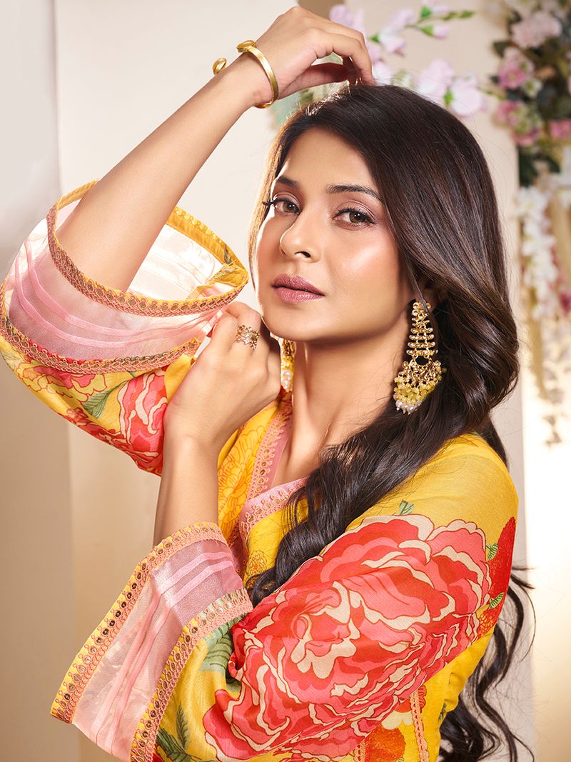 yellow colour floral printed flared anarkali kurta with palazzos dupatta