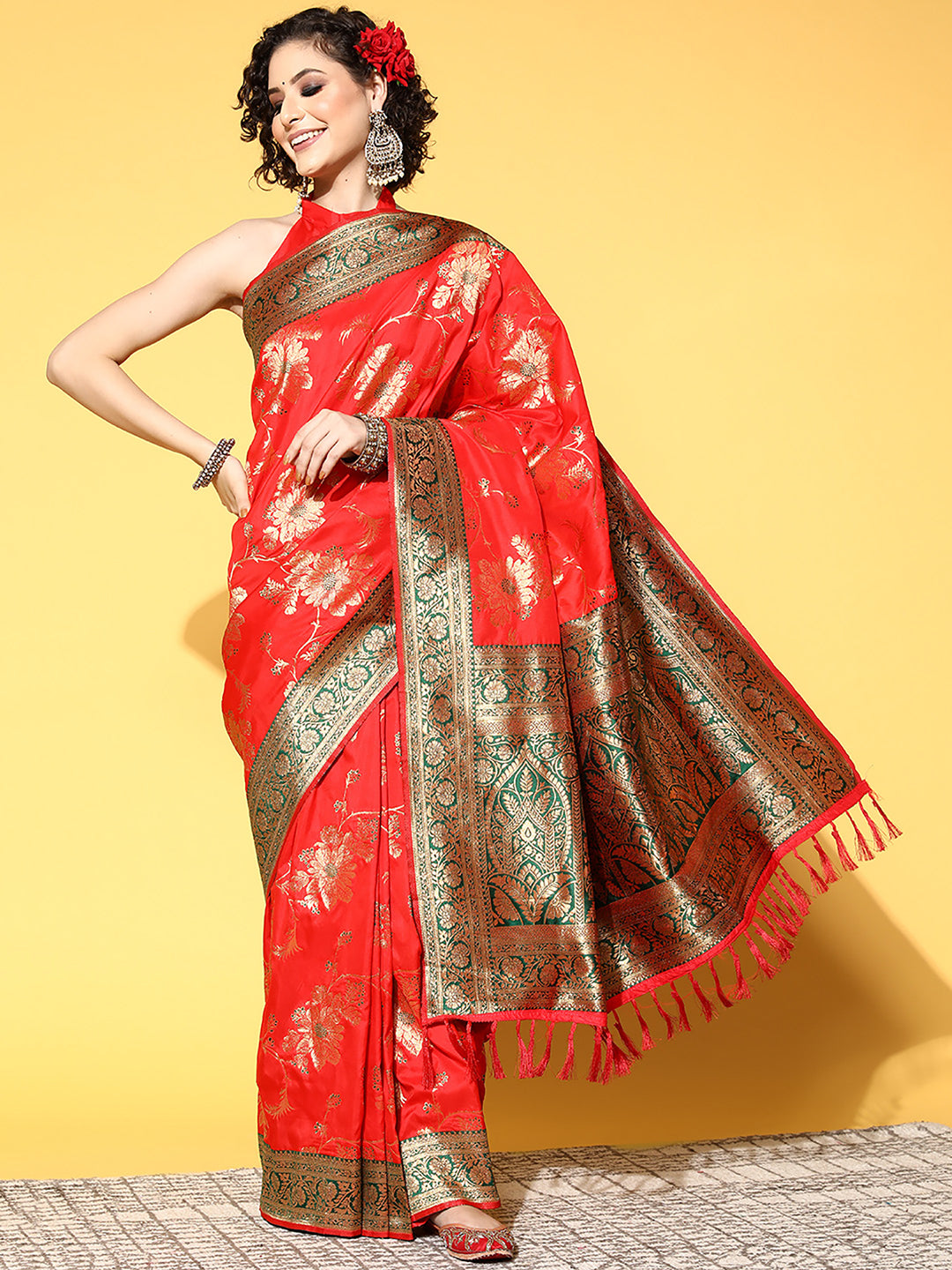 silk blend red woven design designer saree with blouse piece 7pakhi9101