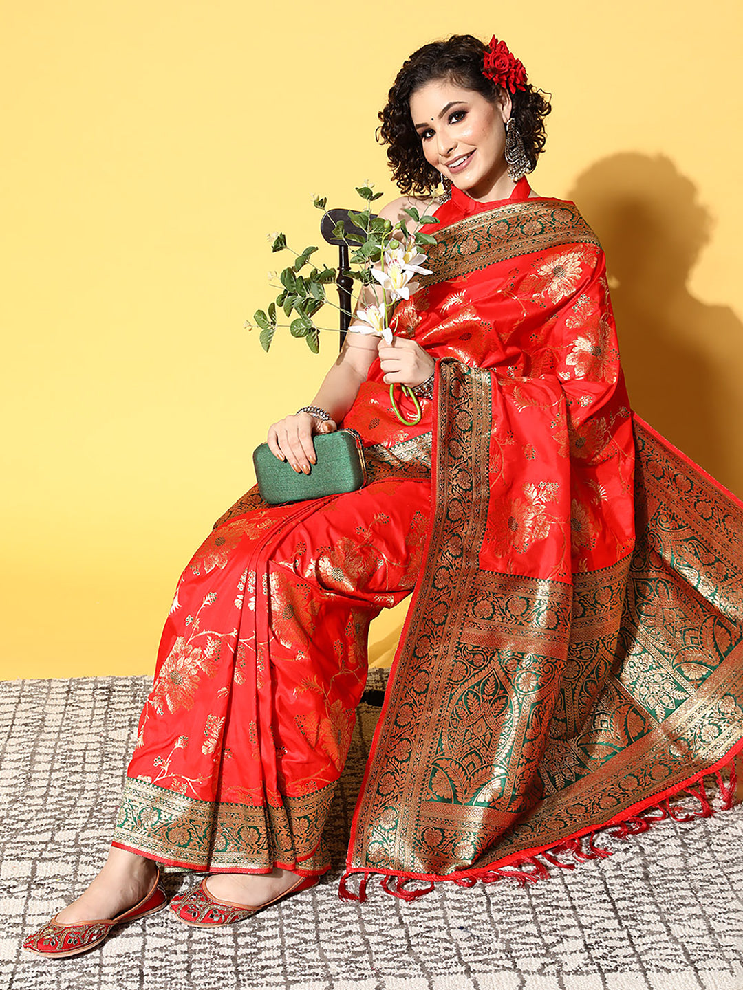 silk blend red woven design designer saree with blouse piece 7pakhi9101