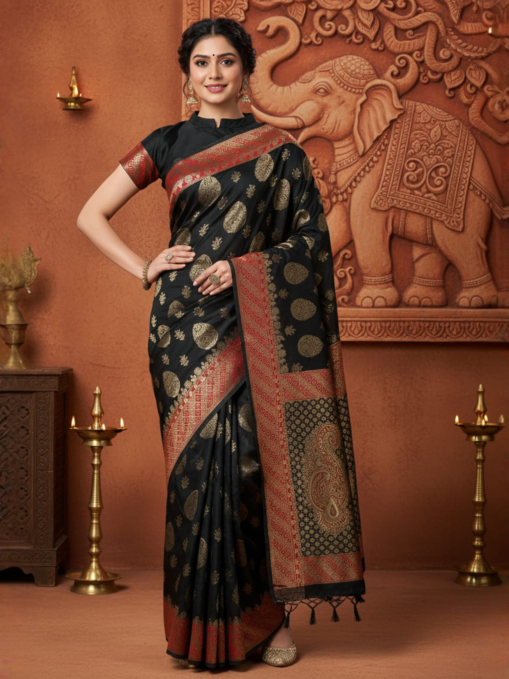 silk blend black woven design designer saree with blouse piece 7pakhi9103