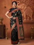 silk blend black woven design designer saree with blouse piece 7pakhi9103