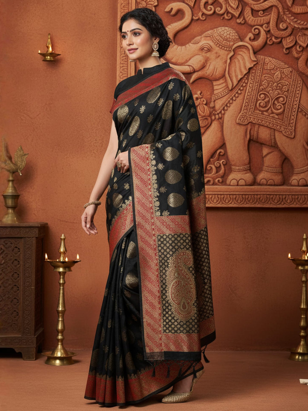 silk blend black woven design designer saree with blouse piece 7pakhi9103