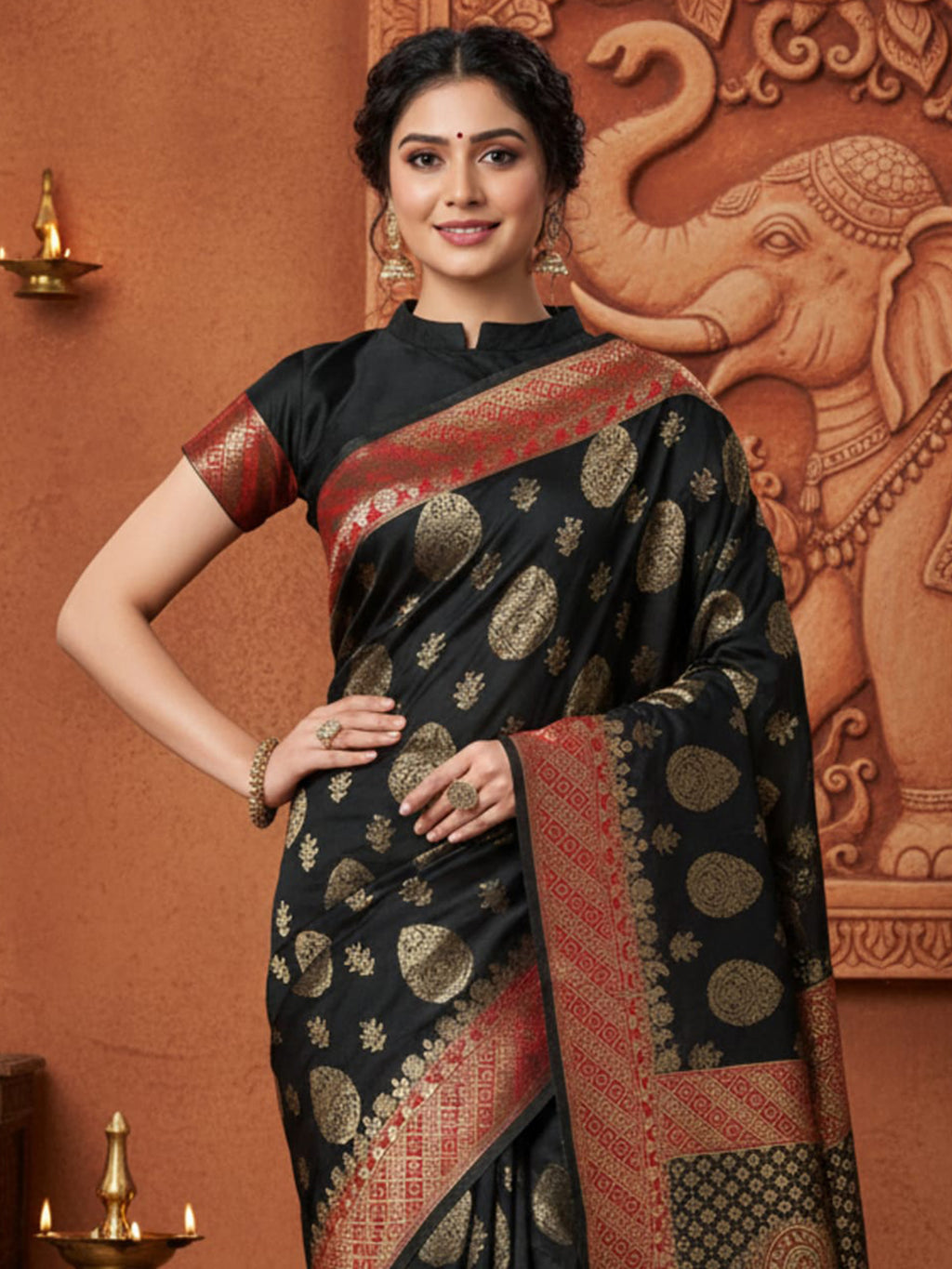 silk blend black woven design designer saree with blouse piece 7pakhi9103