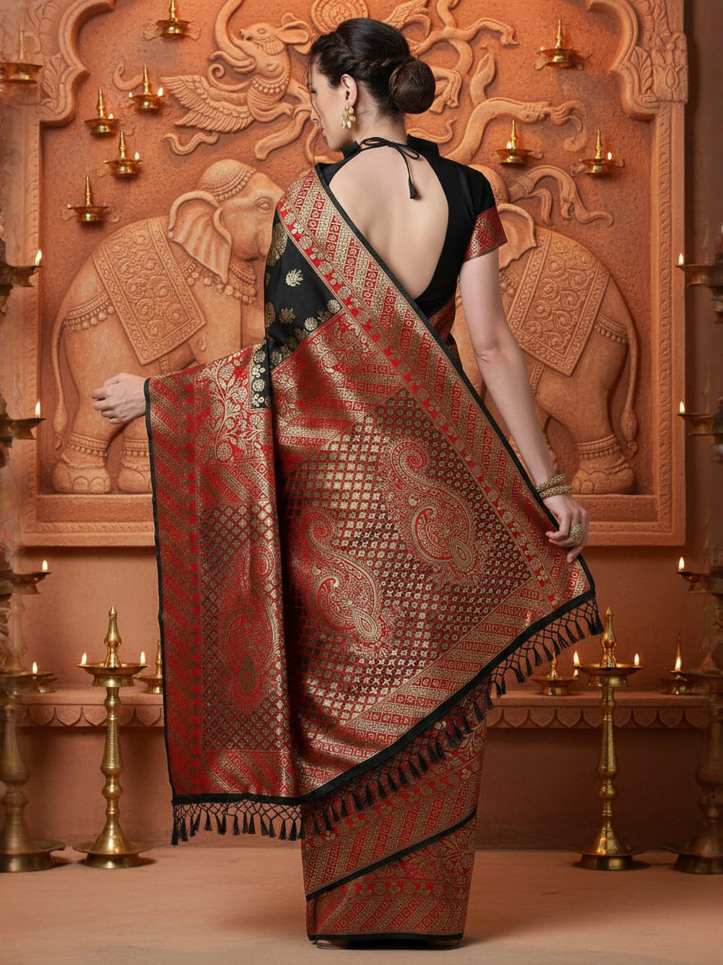 silk blend black woven design designer saree with blouse piece 7pakhi9103