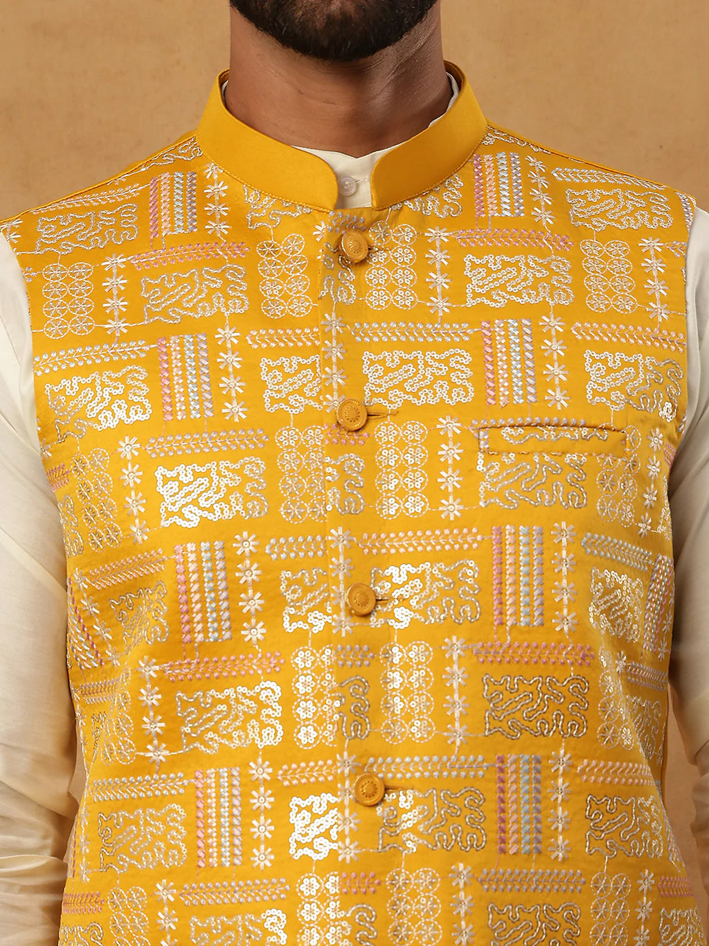 embroidered nehru jacket set with solid kurta pyjama