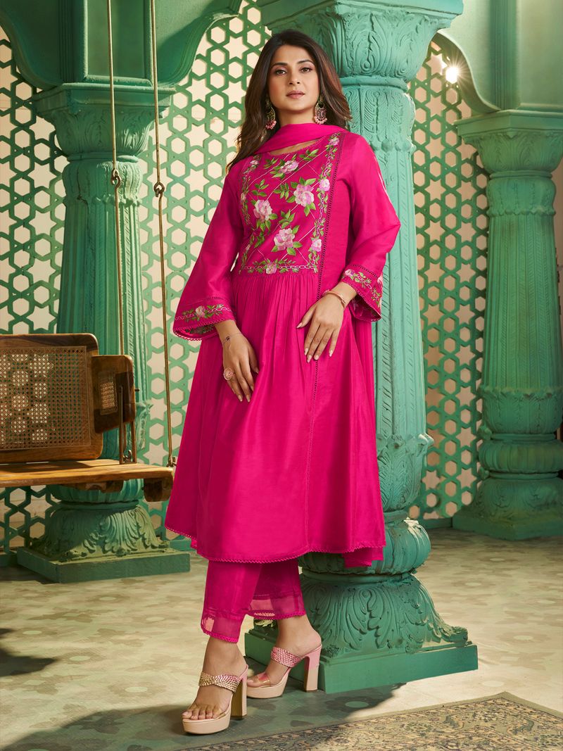 pink embroidered kurta set