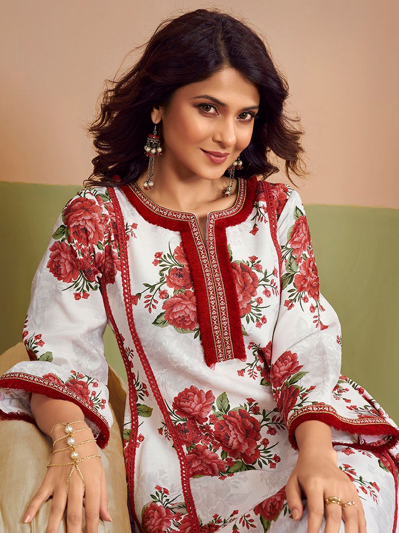 off white red colour floral printed kurta set