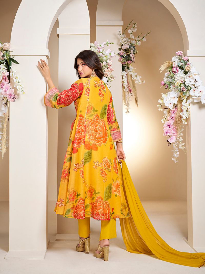 yellow colour floral printed flared anarkali kurta with palazzos dupatta