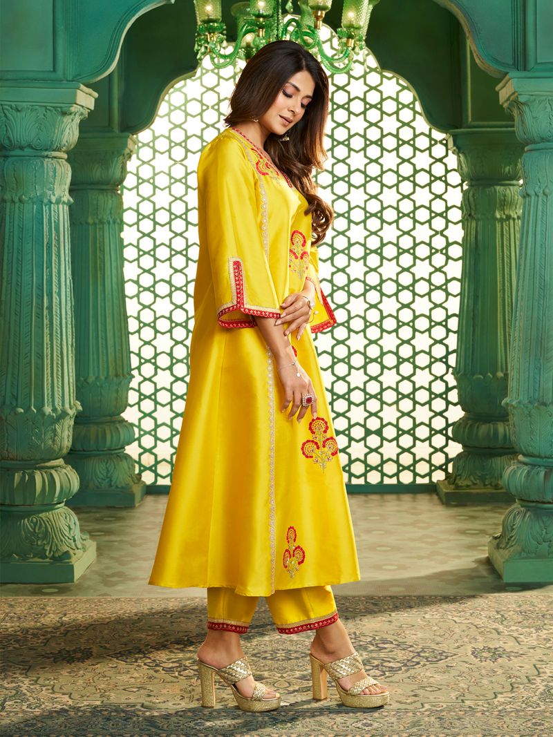 yellow embroidered kurta set