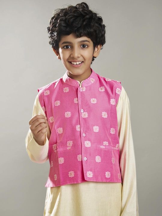 full sleeves jacquard design straight cut kurta pyjama with jacket offwhite pink