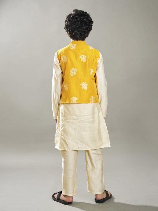 full sleeves jacquard design straight cut kurta pyjama with jacket offwhite yellow