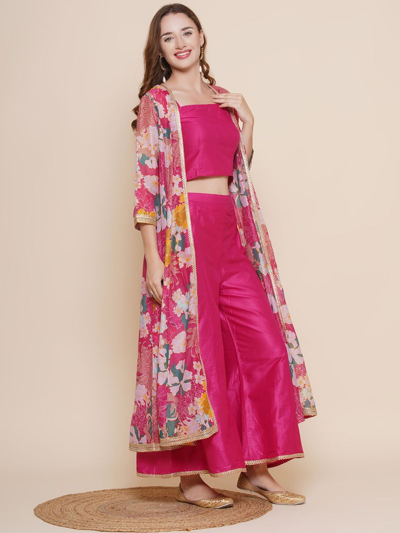 shoulder straps top palazzos with floral printed shrug