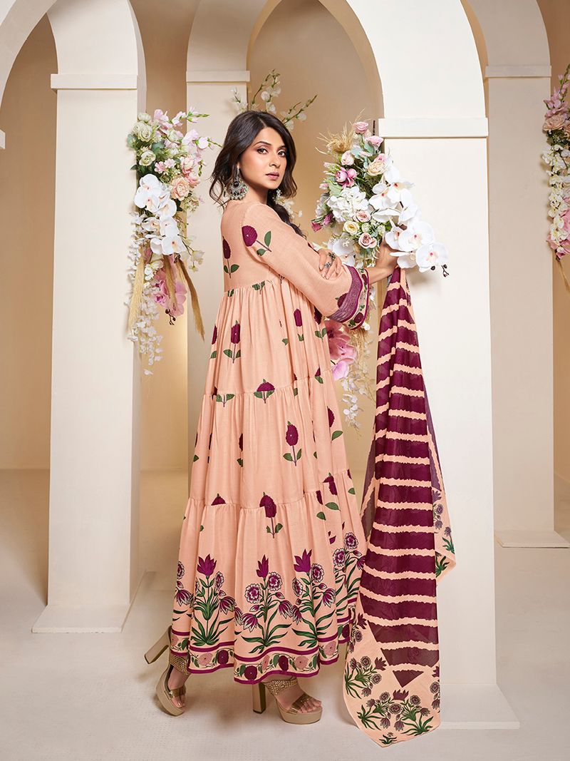 peach floral printed flared tier anarkali kurta with palazzos dupatta
