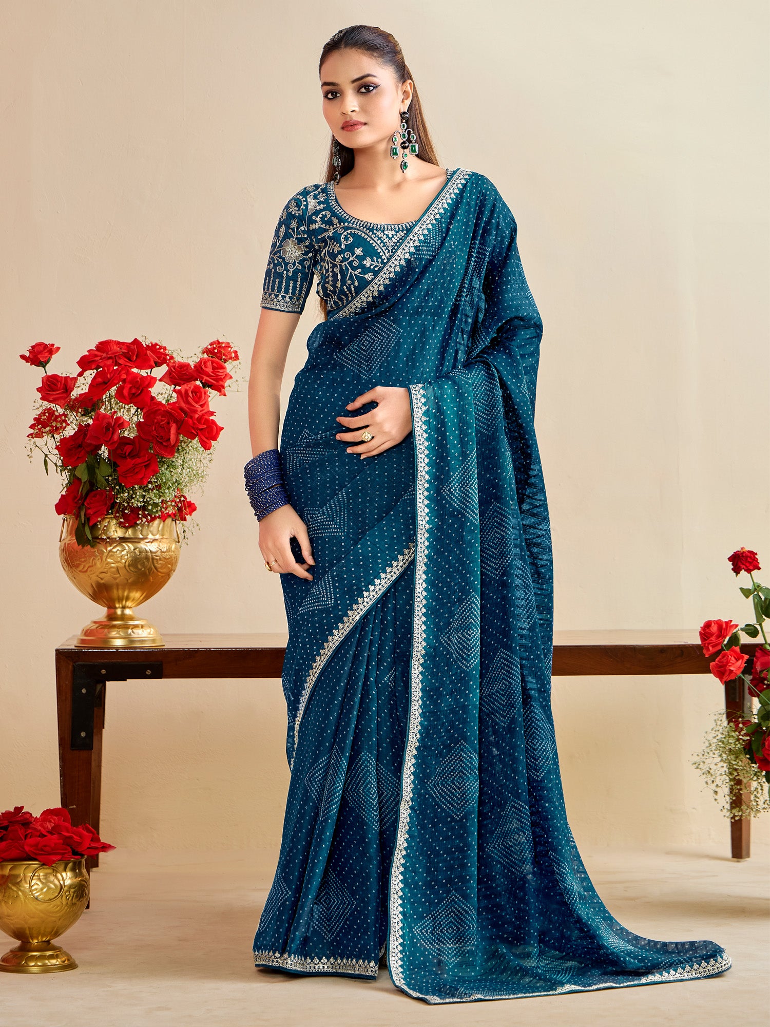 georgette blue embroidered designer saree with blouse piece bndhniya1001
