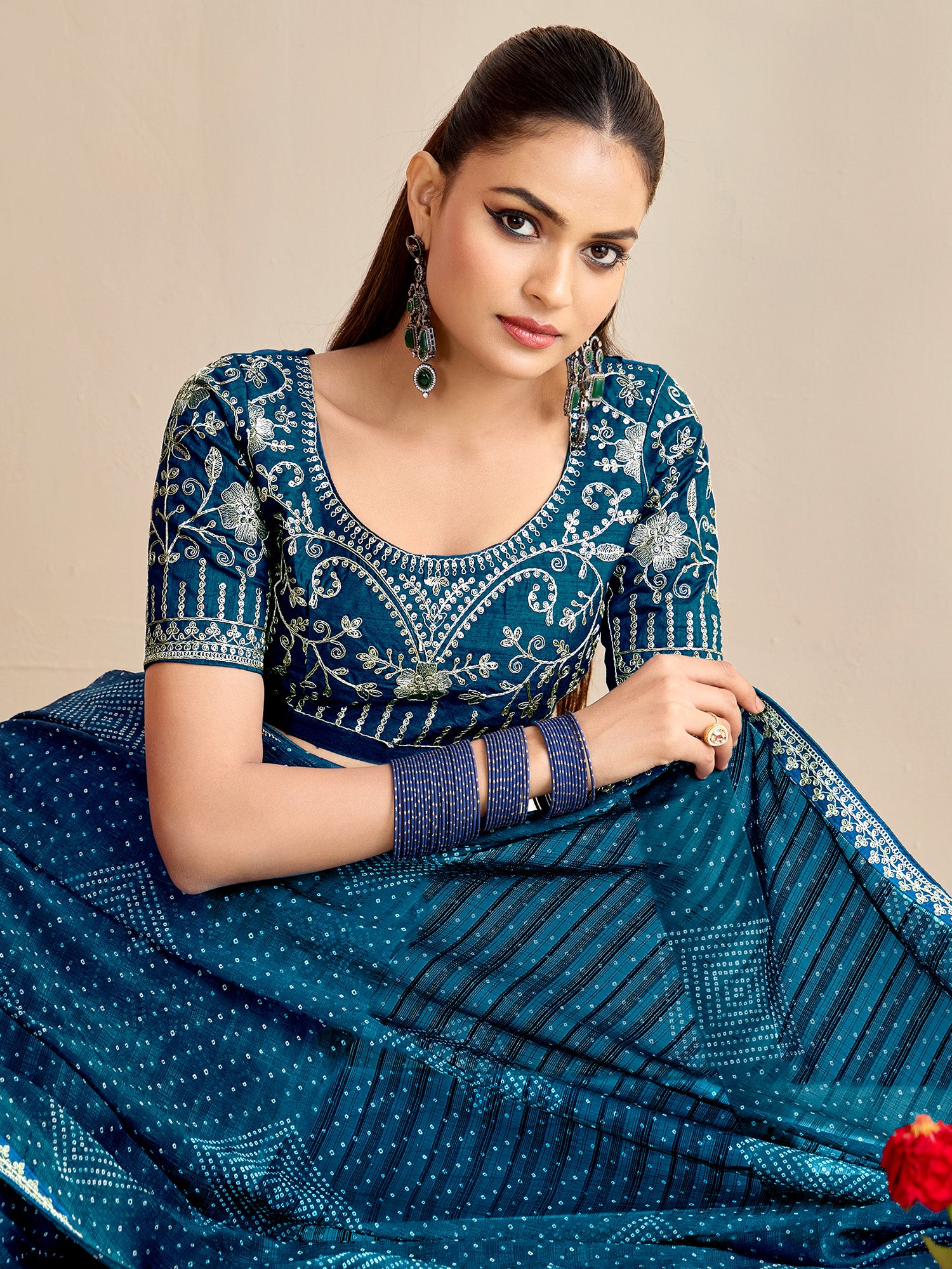 georgette blue embroidered designer saree with blouse piece bndhniya1001