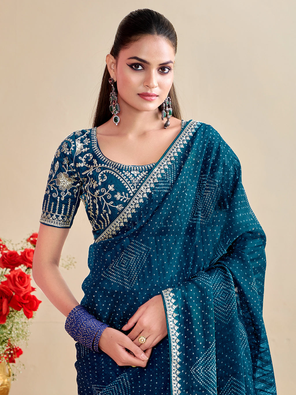georgette blue embroidered designer saree with blouse piece bndhniya1001