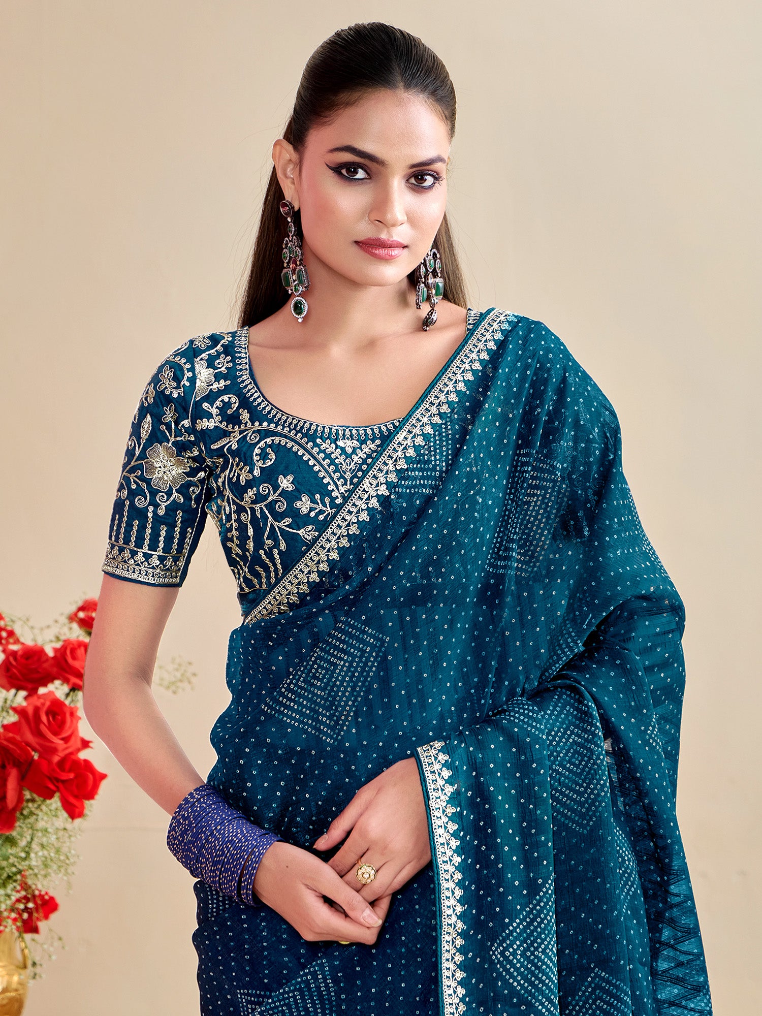 georgette blue embroidered designer saree with blouse piece bndhniya1001