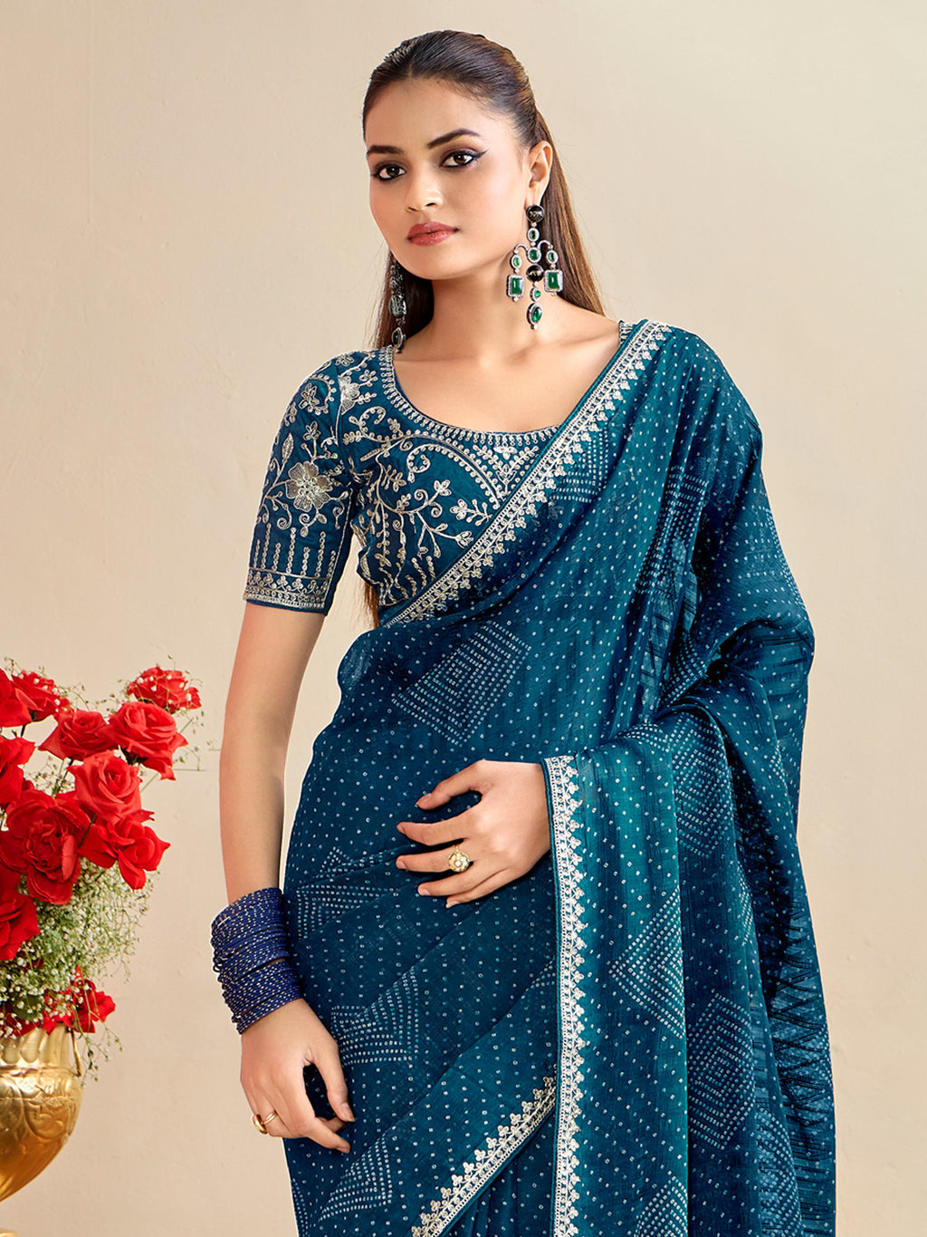 georgette blue embroidered designer saree with blouse piece bndhniya1001