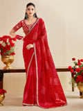 georgette red embroidered designer saree with blouse piece bndhniya1002
