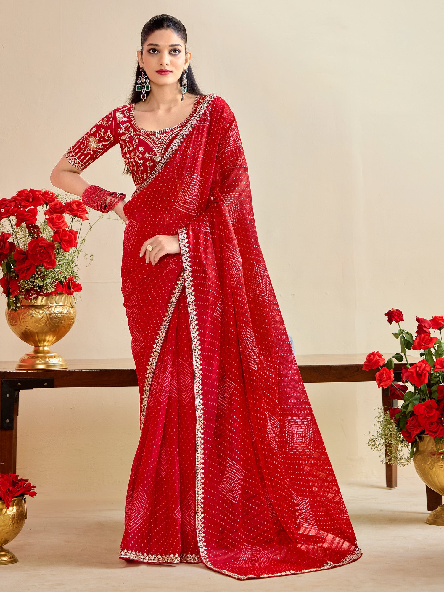 georgette red embroidered designer saree with blouse piece bndhniya1002
