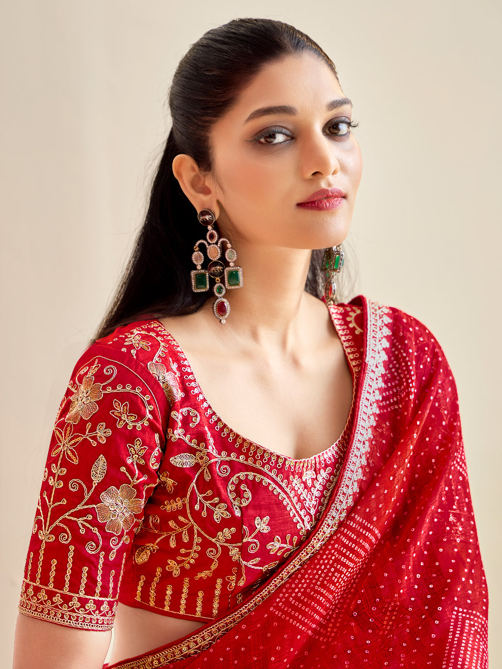 georgette red embroidered designer saree with blouse piece bndhniya1002